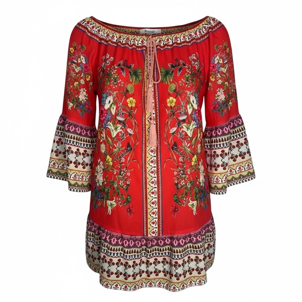 Umgee USA Boho Floral Off Shoulder Top Size M Red Bell Sleeve Tassel Blouse
